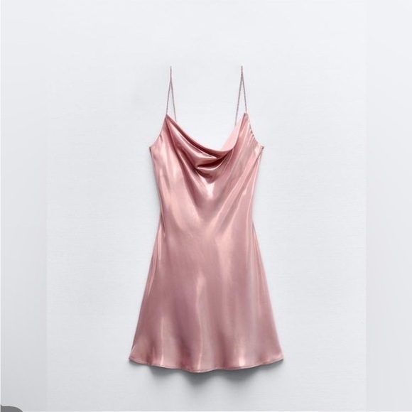 ZARA Rhinestone Foil Mini Dress Pink Rose Gold Metallic - Picture 4 of 5